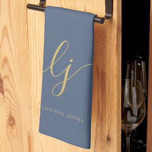 Monogram Simple Elegant Calligraphy Navy Blue Gold Tea Towel