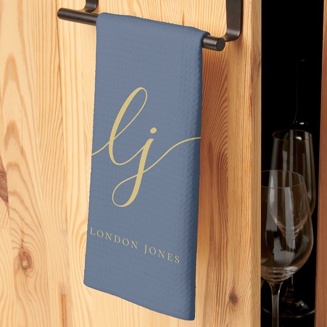 Monogram Simple Elegant Calligraphy Navy Blue Gold Tea Towel (Creator Uploaded)