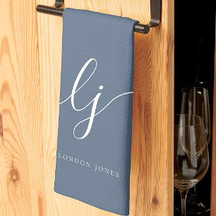 Monogram Simple Elegant Calligraphy Navy Script Tea Towel
