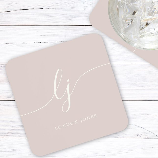 Monogram Simple Elegant Calligraphy Rose Pink Coaster (Creator Uploaded)