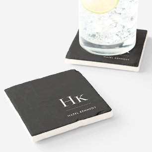 Monogram Simple Elegant Feminine Black White Stone Coaster