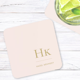 Monogram Simple Elegant Minimalist Blush Pink Gold Coaster
