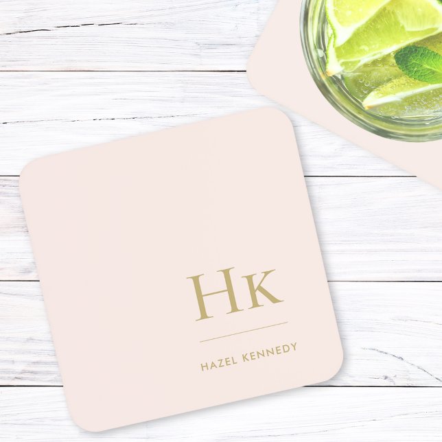 Monogram Simple Elegant Minimalist Blush Pink Gold Coaster (Creator Uploaded)