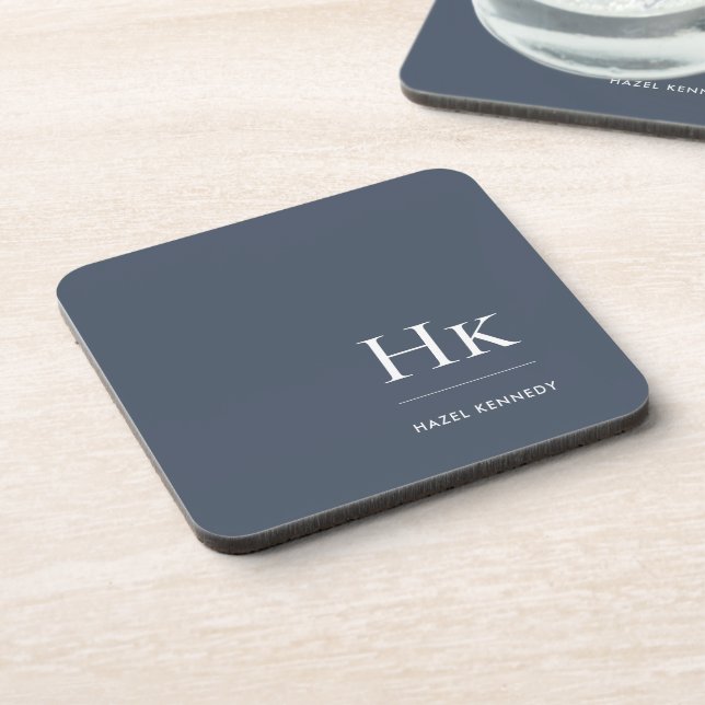 Monogram Simple Elegant Minimalist Chic Navy Blue Coaster (Left Side)