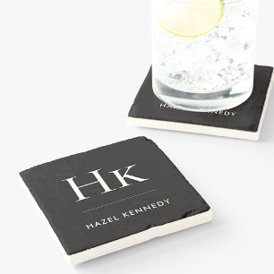Monogram Simple Elegant Minimalist Name Black Stone Coaster