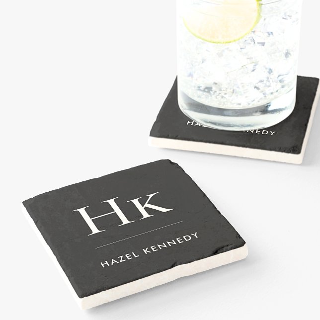 Monogram Simple Elegant Minimalist Name Black Stone Coaster (Creator Uploaded)