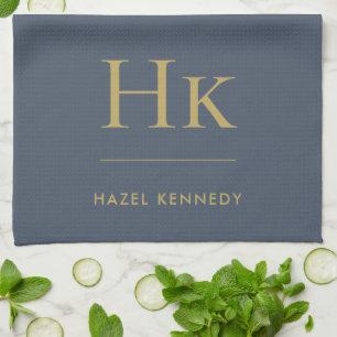 Monogram Simple Elegant Navy Blue Gold Monogrammed Tea Towel