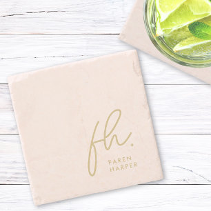 Monogram Simple Feminine Script Blush Pink Gold Stone Coaster