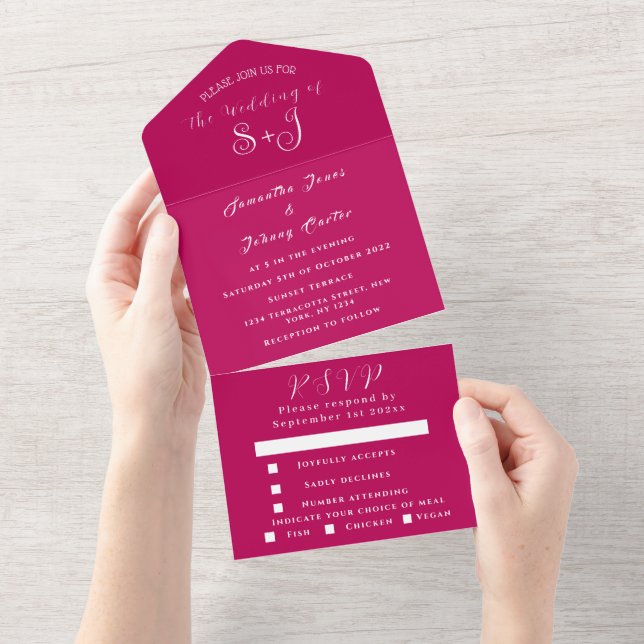 Monogram Simple Fuchsia Hot Pink Wedding All In One Invitation (Tearaway)