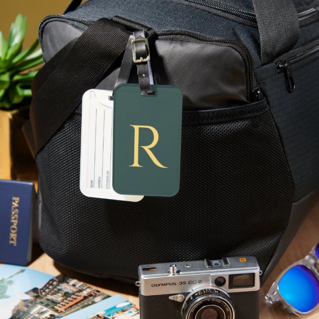 Monogram Simple Green Gold Luggage Tag (Front & Back)
