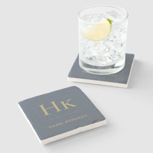Monogram Simple Minimalist Name Navy Blue Gold Stone Coaster