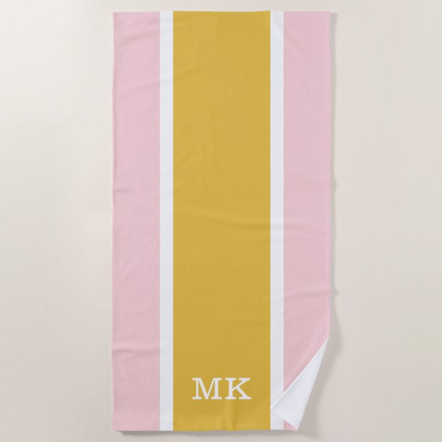 Monogram Simple Pink Orange Stripe Beach Towel (Front)