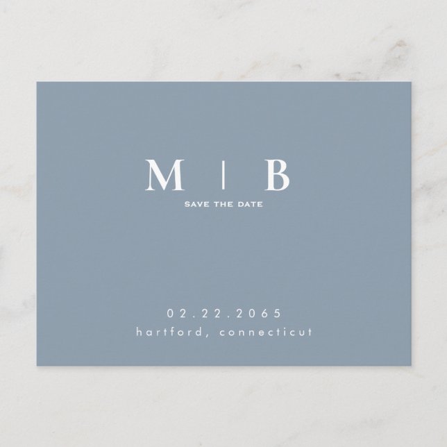Monogram Simple Sleek Dusty Blue Save the date Announcement Postcard (Front)
