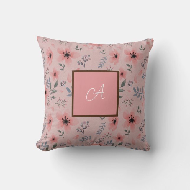 Monogram Simple Vintage Pink Flower Birthday  Cushion (Front)