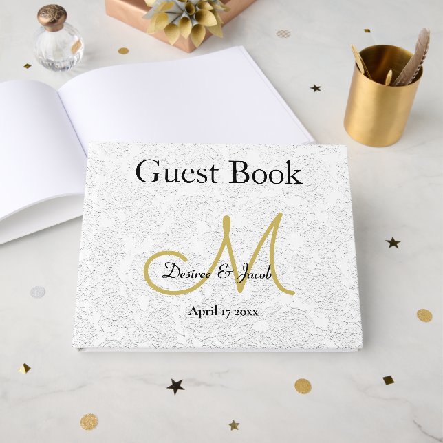 Monogram Simple White Gold Wedding Reception Guest Book (Front Open)