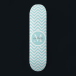 Monogram Skateboard | Pastel Blue Green Chevron<br><div class="desc">Sweet cute pastel blue green chevron or zigzag pattern and custom personalised monogram skateboard. A great gift for a girl who loves skateboarding.</div>