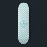 Monogram Skateboard | Pastel Blue Green Chevron<br><div class="desc">Sweet cute pastel blue green chevron or zigzag pattern and custom personalised monogram skateboard. A great gift for a girl who loves skateboarding.</div>