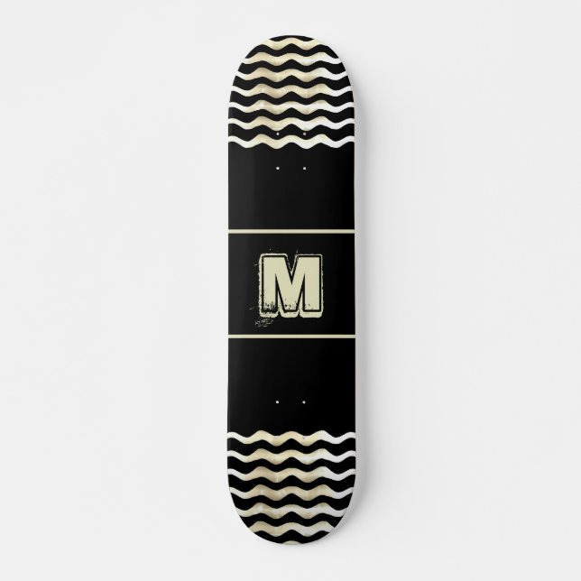 Monogram Skateboard with Waves on Black (Front)
