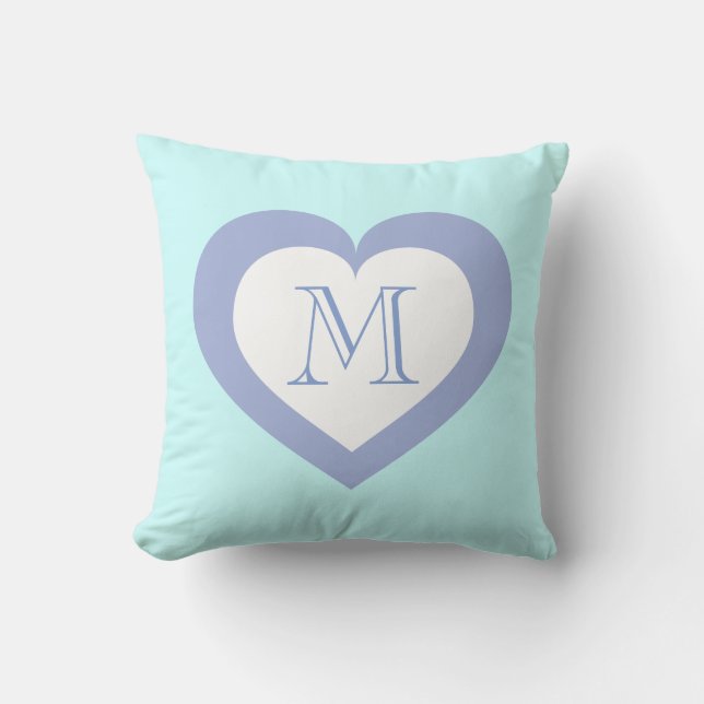 Monogram sky blue heart pattern cushion (Front)