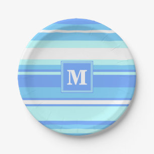 Monogram sky blue stripes paper plate
