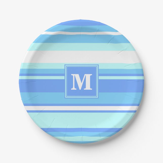 Monogram sky blue stripes paper plate (Front)