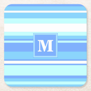 Monogram sky blue stripes square paper coaster