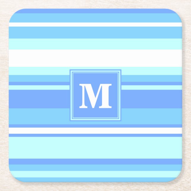 Monogram sky blue stripes square paper coaster (Front)