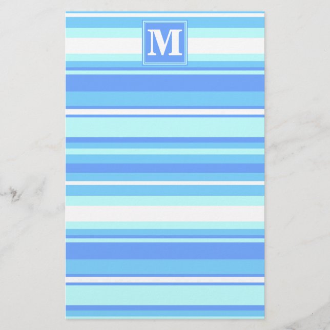 Monogram sky blue stripes stationery (Front)