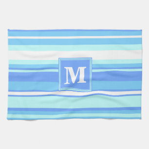 Monogram sky blue stripes tea towel