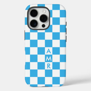 Monogram Sky Blue White Chequered Pattern iPhone 16 Pro Case