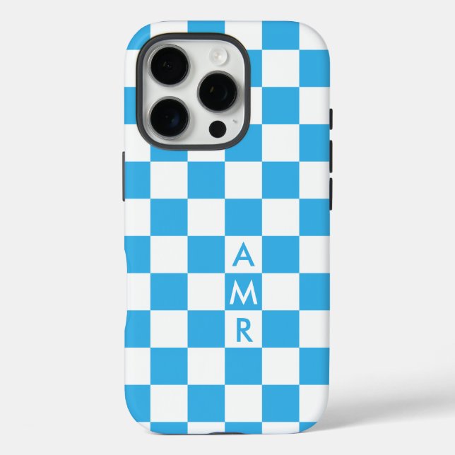 Monogram Sky Blue White Chequered Pattern Case-Mate iPhone Case (Back)