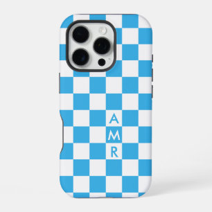 Monogram Sky Blue White Chequered Pattern iPhone 16 Pro Case