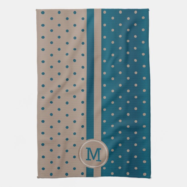 Monogram Slate Blue and Tan Polka Dot Tea Towel (Vertical)