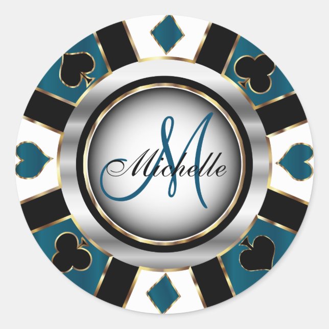 Monogram Slate Blue Casino Poker Chip Design Classic Round Sticker (Front)