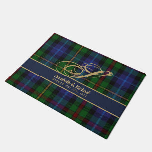 Monogram Smith Tartan Blue Green Gold Newlyweds Doormat