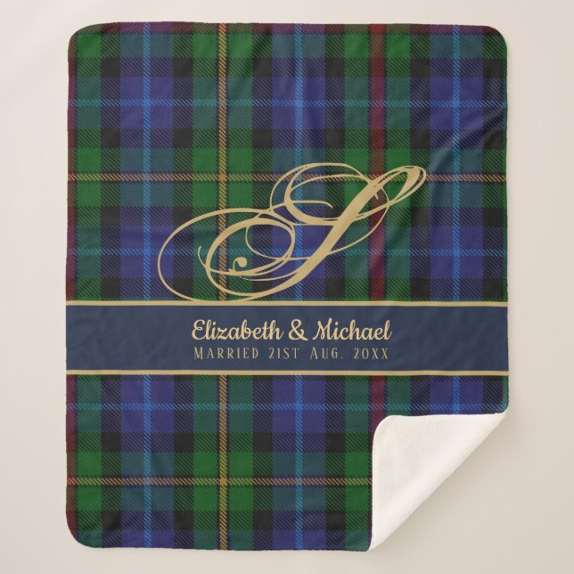 Monogram Smith Tartan Blue Green Gold Newlyweds Sherpa Blanket (Front)