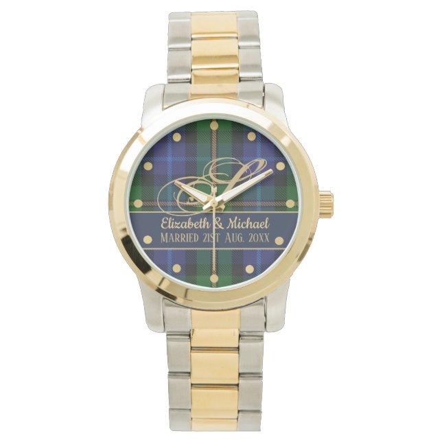Monogram Smith Tartan Blue Green Gold Newlyweds Watch (Front)