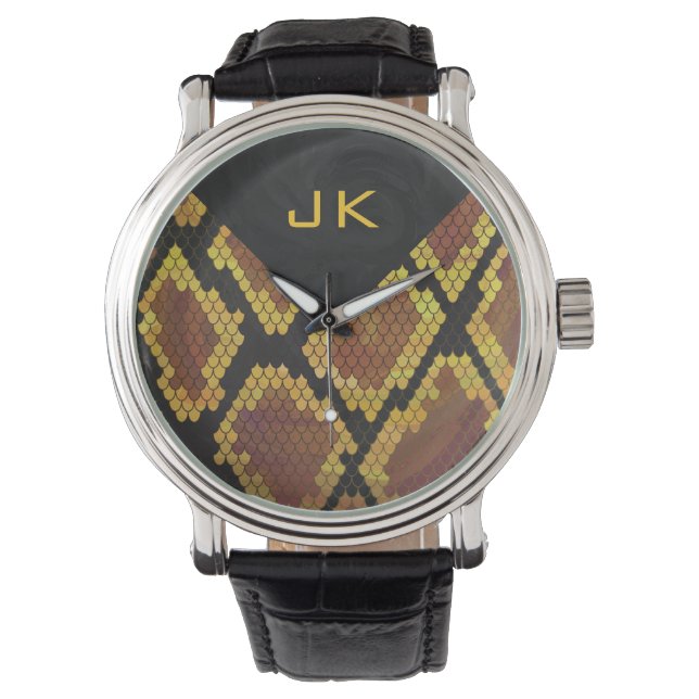 Monogram Snake Brown and Gold Print Watch (Front)