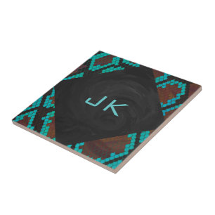 Monogram Snake Brown and Teal Print Ceramic Tile
