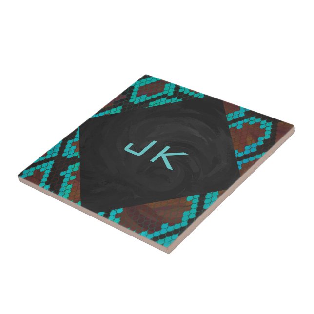 Monogram Snake Brown and Teal Print Ceramic Tile (Side)
