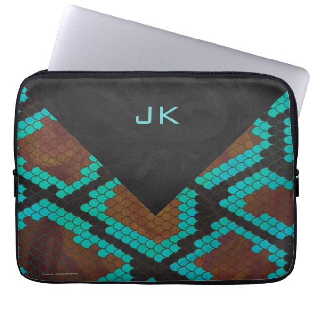 Monogram Snake Brown and Teal Print Laptop Sleeve (Front)