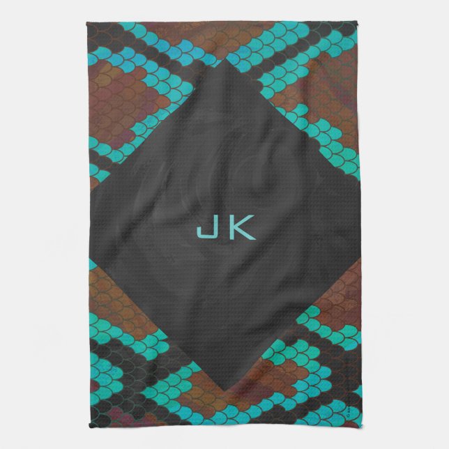Monogram Snake Brown and Teal Print Tea Towel (Vertical)