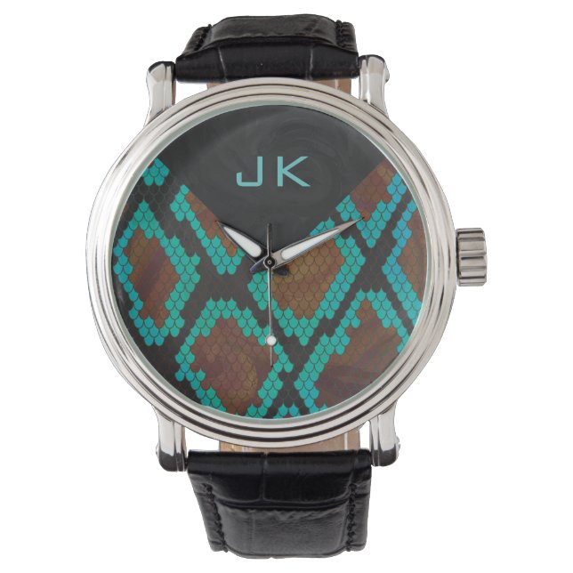 Monogram Snake Brown and Teal Print Watch (Front)