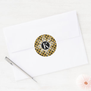 Monogram snowflake on plaid classic round sticker
