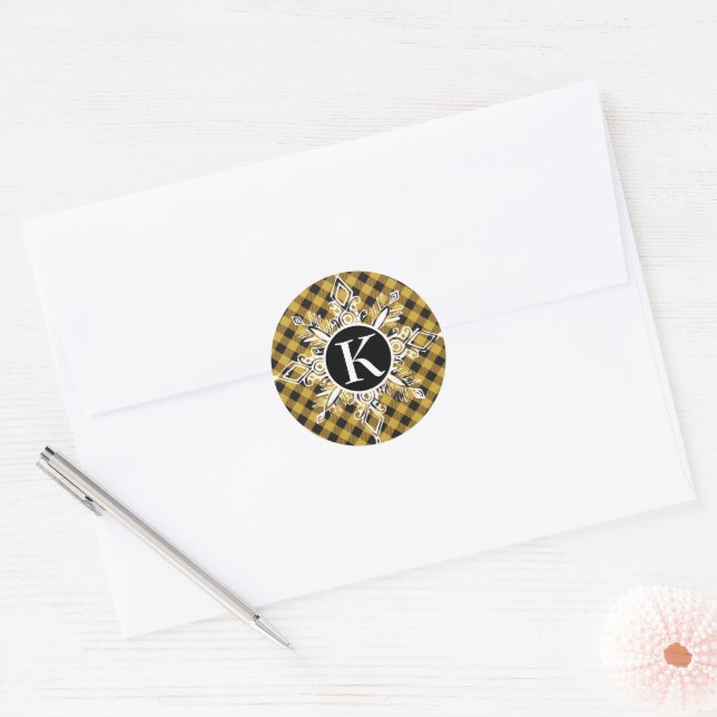 Monogram snowflake on plaid classic round sticker (Envelope)
