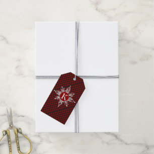 Monogram snowflake on plaid gift tags