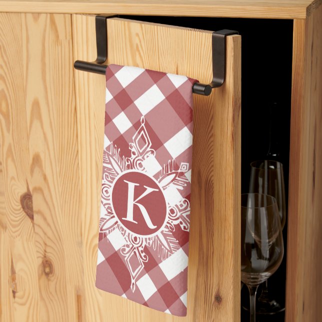 Monogram snowflake on plaid  kitchen towel (Thirds Fold)