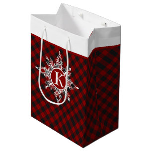 Monogram snowflake on plaid medium gift bag