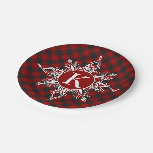 Monogram snowflake on plaid  paper plate