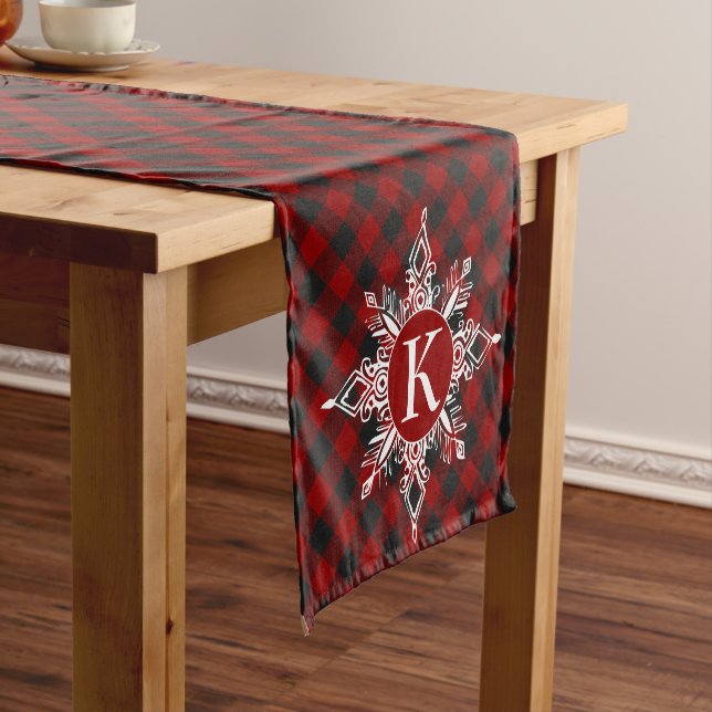 Monogram snowflake on plaid short table runner (In Situ)